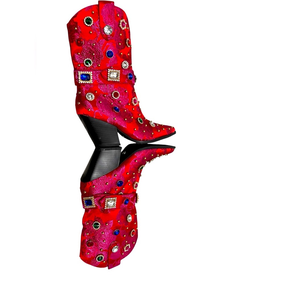 πΌπππNWOT AZALEA WANG DILIGENT RED BROCADE AND GEMS WESTERN BOOTIE. No box - Picture 8 of 15